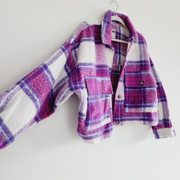 SO Purple White & Pink Flannel Shacket Lapel Collar Button Down Jacket Large - Picture 4 of 9